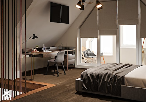 Elbląg - 2-poziomowe mieszkanie w stylu minimalistycznym - Średnia szara z biurkiem sypialnia na poddaszu z balkonem / tarasem, styl minimalistyczny - zdjęcie od ABD Projects