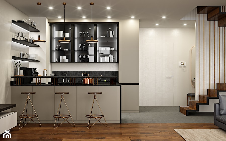 Elbląg - 2-poziomowe mieszkanie w stylu minimalistycznym - Średnia otwarta z salonem z kamiennym blatem szara z zabudowaną lodówką kuchnia w kształcie litery u z marmurem nad blatem kuchennym, styl minimalistyczny - zdjęcie od ABD Projects