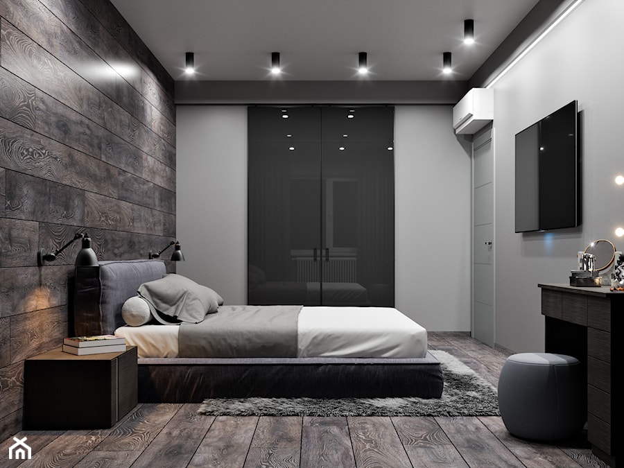Ukraina / Biała Cerkiew - 2-poziomowe mieszkanie w stylu minimalistycznym - Duża szara sypialnia, styl industrialny - zdjęcie od ABD Projects