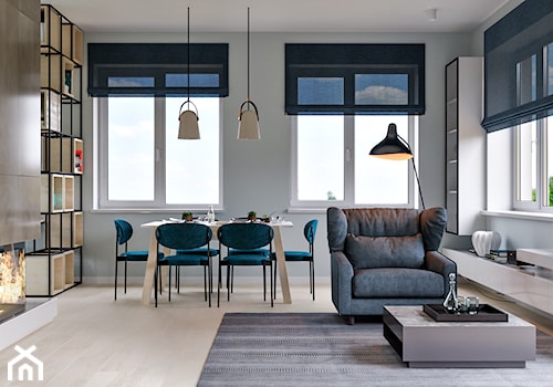 Nowy Dwór Gdański - projekt domu jednorodzinnego w stylu nowoczesnym - Średni szary salon z jadalnią z bibiloteczką, styl nowoczesny - zdjęcie od ABD Projects