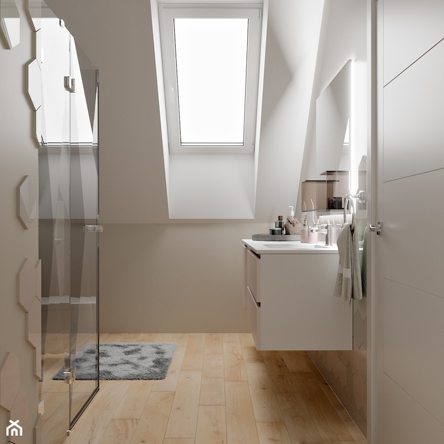 Nowy Dwór Gdański - projekt domu jednorodzinnego w stylu nowoczesnym - Mała na poddaszu z lustrem łazienka z oknem, styl nowoczesny - zdjęcie od ABD Projects