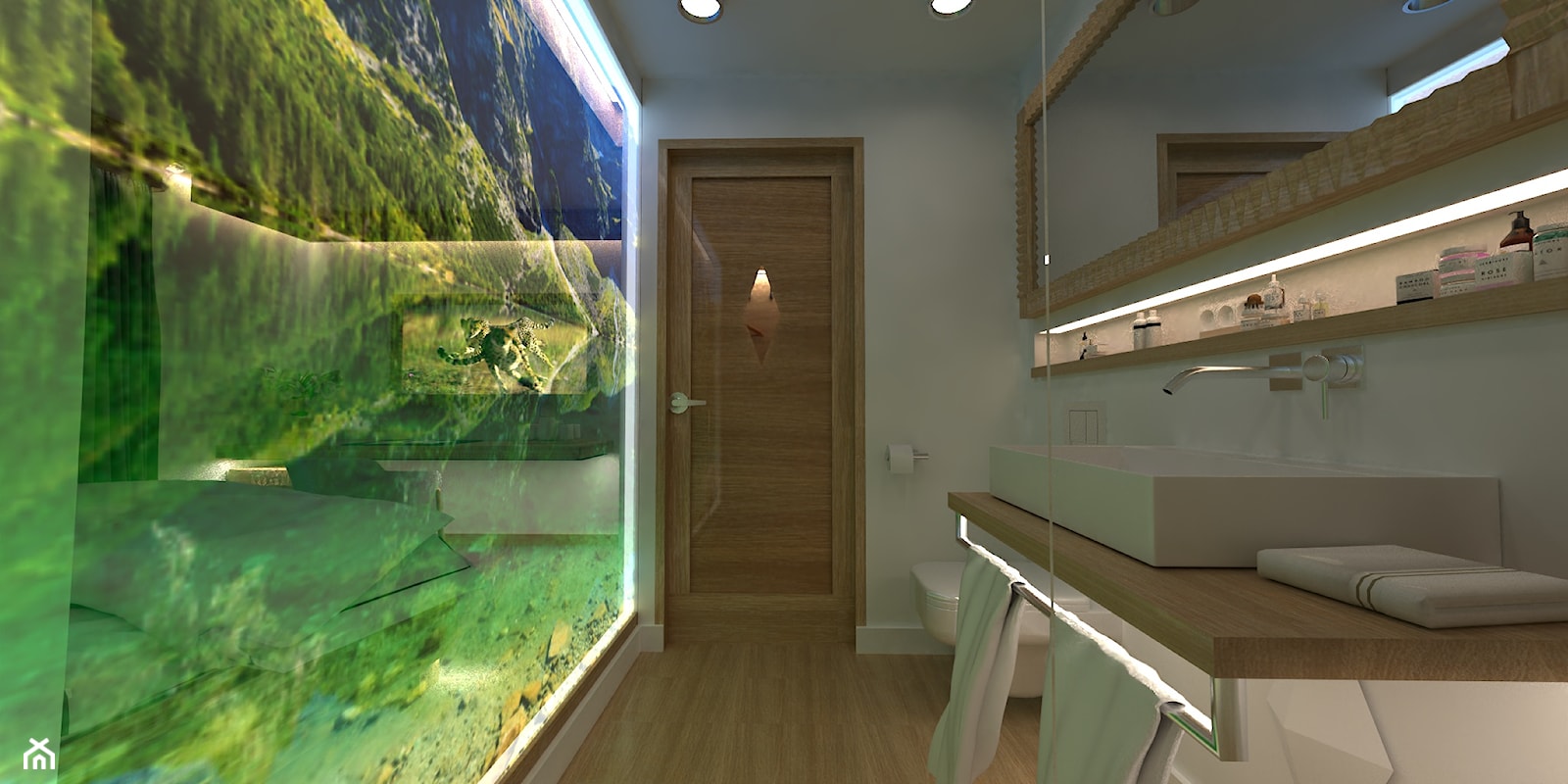 Projekt wnętrza apartamentu hotelowego ***** - Mała bez okna z lustrem ze szkłem na ścianie z punktowym oświetleniem łazienka, styl nowoczesny - zdjęcie od Ksiestwo Goralskie Design - Homebook