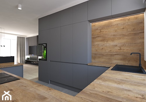 Kuchnia w ciemniejszych odcieniach szarego i drewna - zdjęcie od OK form Projektowanie wnętrz