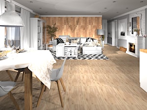 Nowoczesny salon z kuchnia i drewnianą ścianą - zdjęcie od MalgoWy Projektuje, arch. Małgorzata Wyrzykowska