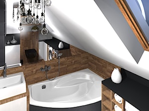 Drewniana łazienka z rustykalną lampą - zdjęcie od MalgoWy Projektuje, arch. Małgorzata Wyrzykowska
