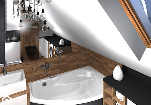 Drewniana łazienka z rustykalną lampą - zdjęcie od MalgoWy Projektuje, arch. Małgorzata Wyrzykowska