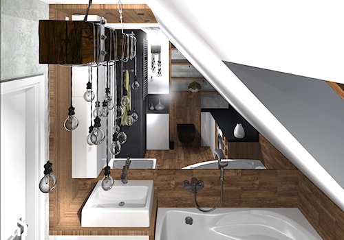 drewniania łazienka z rustykalna lampą - zdjęcie od MalgoWy Projektuje, arch. Małgorzata Wyrzykowska