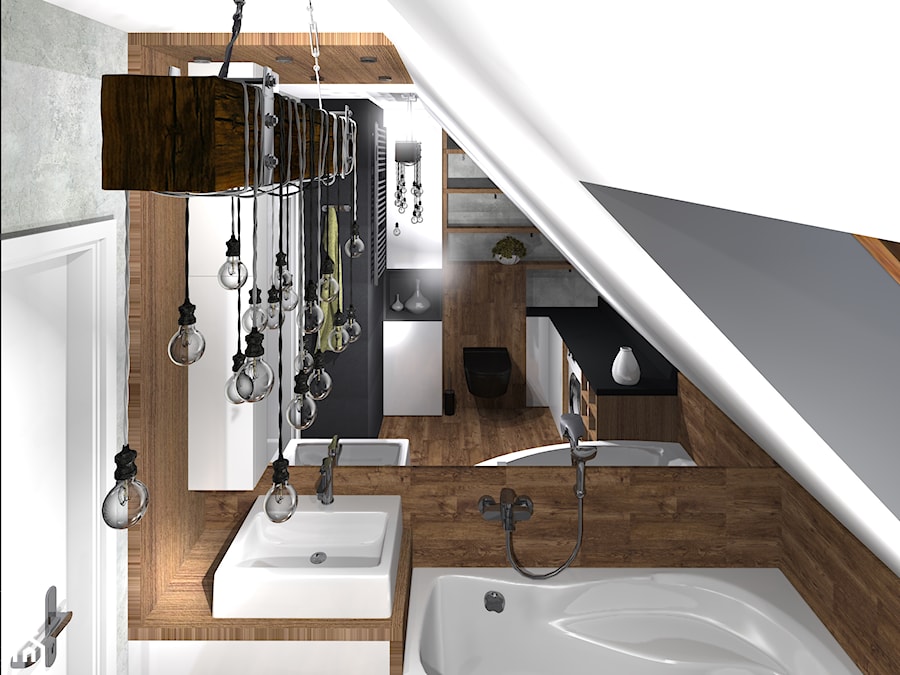drewniania łazienka z rustykalna lampą - zdjęcie od MalgoWy Projektuje, arch. Małgorzata Wyrzykowska