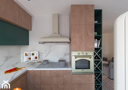 Kuchnia - Mała otwarta biała z zabudowaną lodówką kuchnia w kształcie litery l z marmurem nad blatem kuchennym z marmurową podłogą, styl nowoczesny - zdjęcie od Property