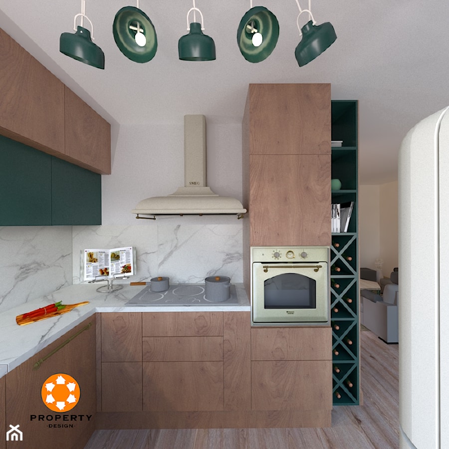 Kuchnia - Mała otwarta biała z zabudowaną lodówką kuchnia w kształcie litery l z marmurem nad blatem kuchennym z marmurową podłogą, styl nowoczesny - zdjęcie od Property
