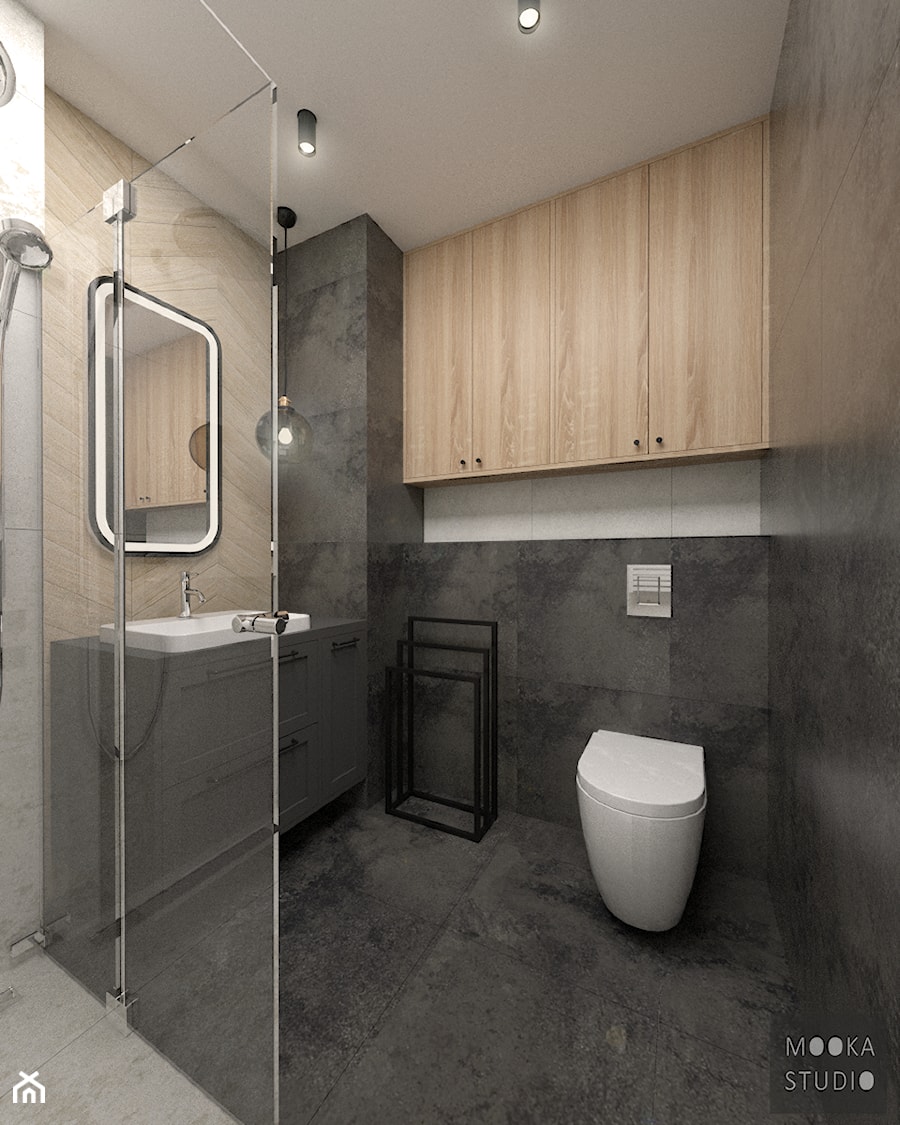 Mieszkanie na Woli - Mała bez okna z lustrem z punktowym oświetleniem łazienka, styl industrialny - zdjęcie od MOOKA Studio