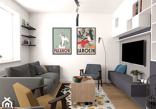 Mieszkanie w Warszawie - Mały biały szary salon z bibiloteczką, styl skandynawski - zdjęcie od MOOKA Studio