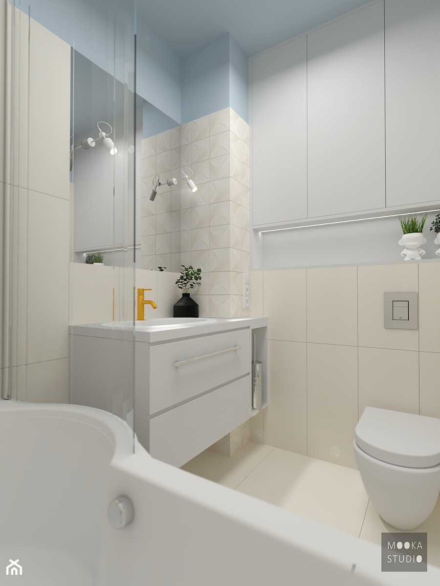 Z niebieskim akcentem - Mała bez okna z lustrem łazienka, styl nowoczesny - zdjęcie od MOOKA Studio