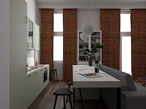 Mieszkanie w Warszawie - Średnia otwarta z salonem szara z zabudowaną lodówką z nablatowym zlewozmywakiem kuchnia jednorzędowa z wyspą lub półwyspem z oknem z marmurem nad blatem kuchennym, styl nowoczesny - zdjęcie od MOOKA Studio