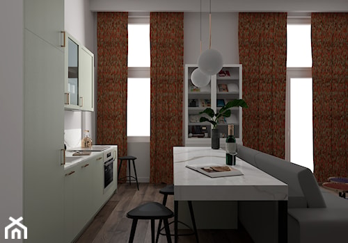 Mieszkanie w Warszawie - Średnia otwarta z salonem szara z zabudowaną lodówką z nablatowym zlewozmywakiem kuchnia jednorzędowa z wyspą lub półwyspem z oknem z marmurem nad blatem kuchennym, styl nowoczesny - zdjęcie od MOOKA Studio