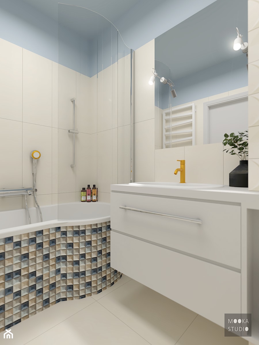 Z niebieskim akcentem - Średnia bez okna z lustrem łazienka, styl nowoczesny - zdjęcie od MOOKA Studio