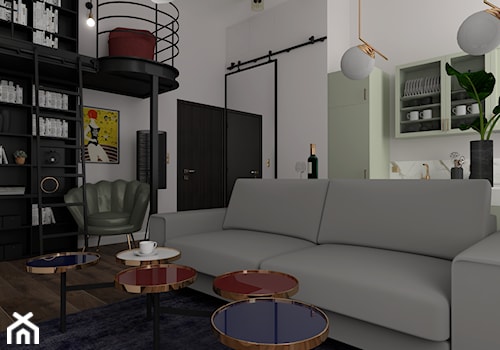 Mieszkanie w Warszawie - Mały biały salon z kuchnią z antresolą z bibiloteczką, styl nowoczesny - zdjęcie od MOOKA Studio