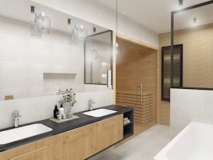 Białołęka - Średnia bez okna z lustrem z dwoma umywalkami z punktowym oświetleniem łazienka, styl skandynawski - zdjęcie od MOOKA Studio