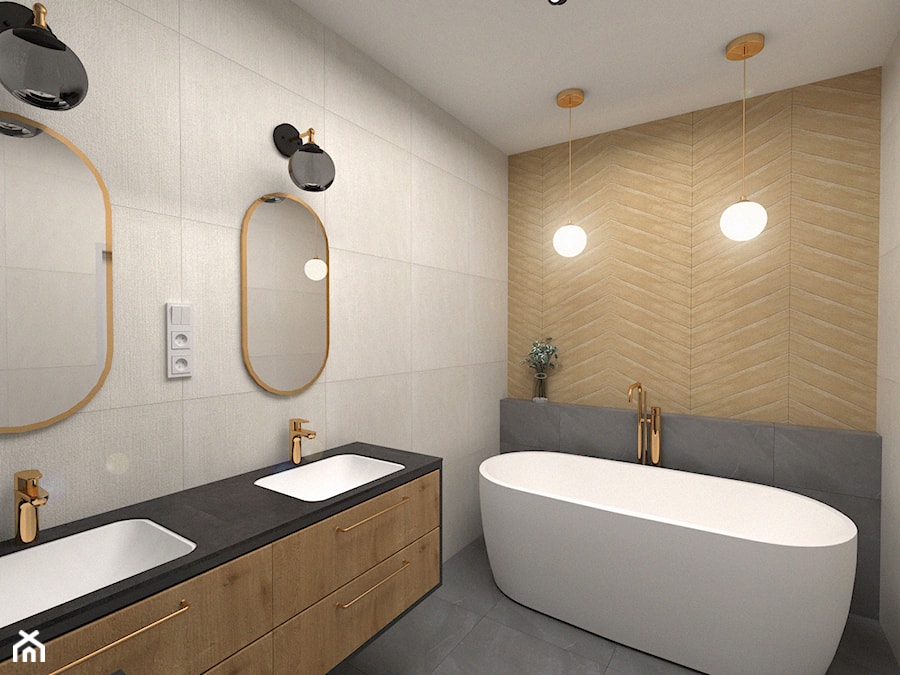 Białołęka - Mała bez okna z lustrem z dwoma umywalkami z punktowym oświetleniem łazienka, styl industrialny - zdjęcie od MOOKA Studio