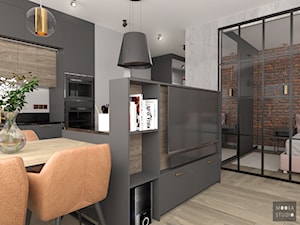 Industrialny Ursynów - Mały czarny szary salon z kuchnią z jadalnią, styl industrialny - zdjęcie od MOOKA Studio