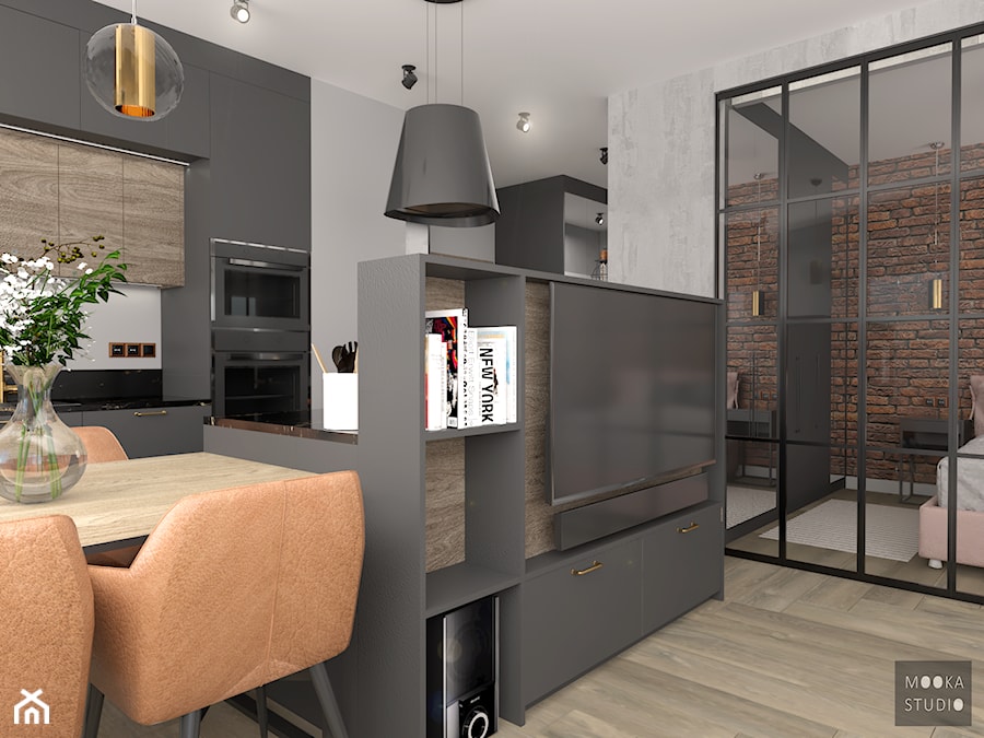 Industrialny Ursynów - Mały czarny szary salon z kuchnią z jadalnią, styl industrialny - zdjęcie od MOOKA Studio