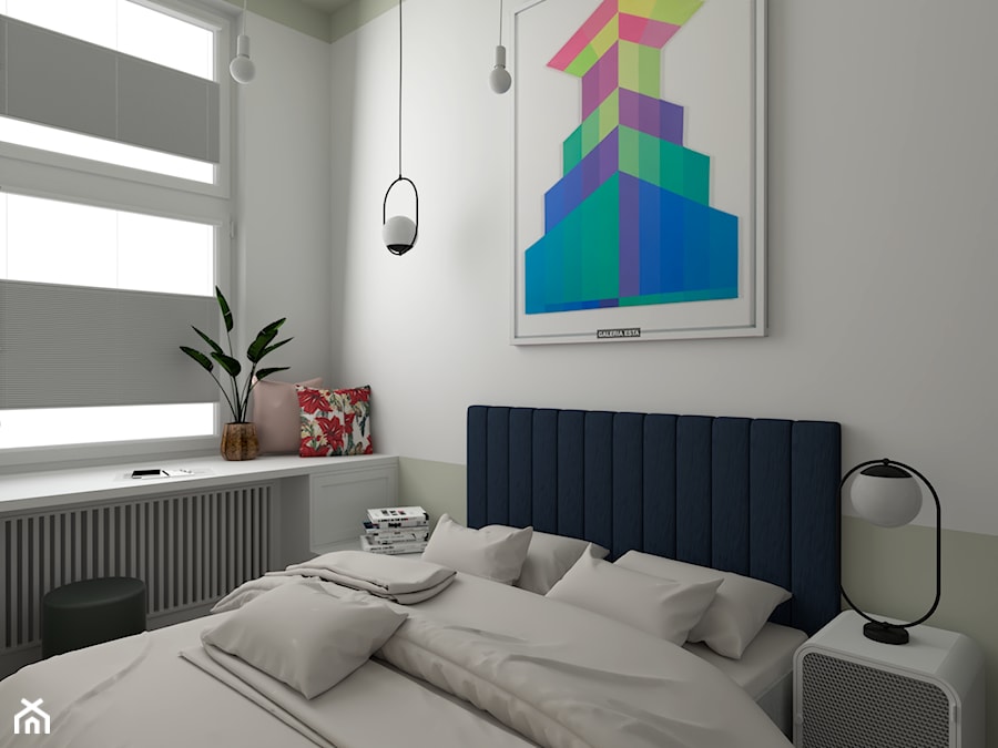 Mieszkanie w Warszawie - Mała biała szara z biurkiem sypialnia, styl skandynawski - zdjęcie od MOOKA Studio
