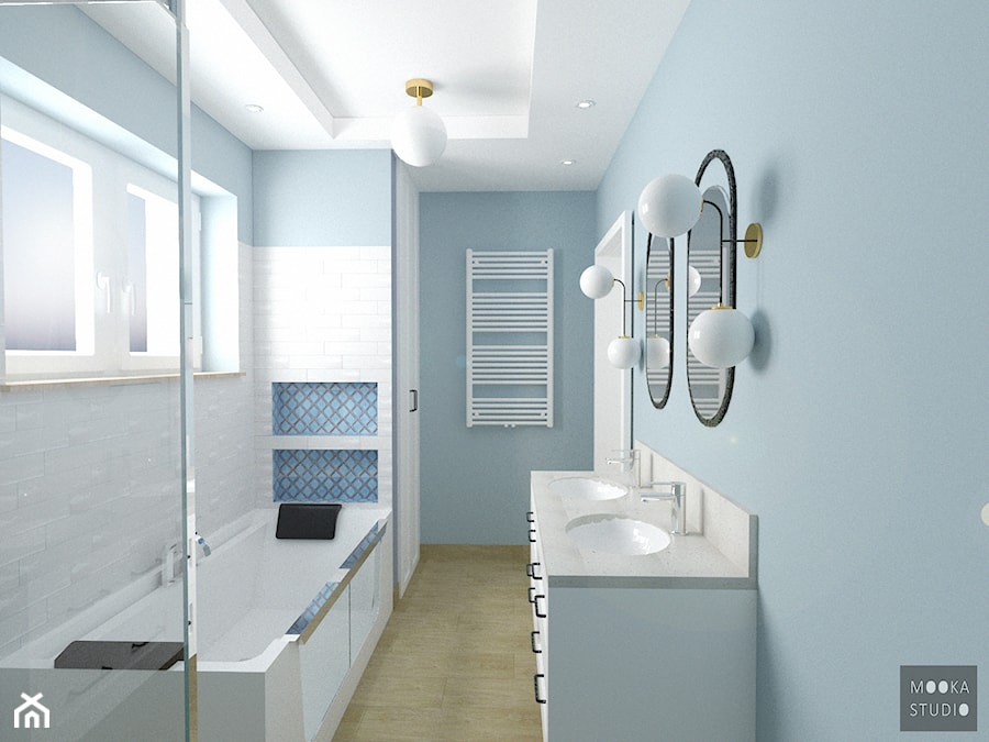 Dom w Kobyłce - Średnia z lustrem z dwoma umywalkami z punktowym oświetleniem łazienka z oknem, styl tradycyjny - zdjęcie od MOOKA Studio