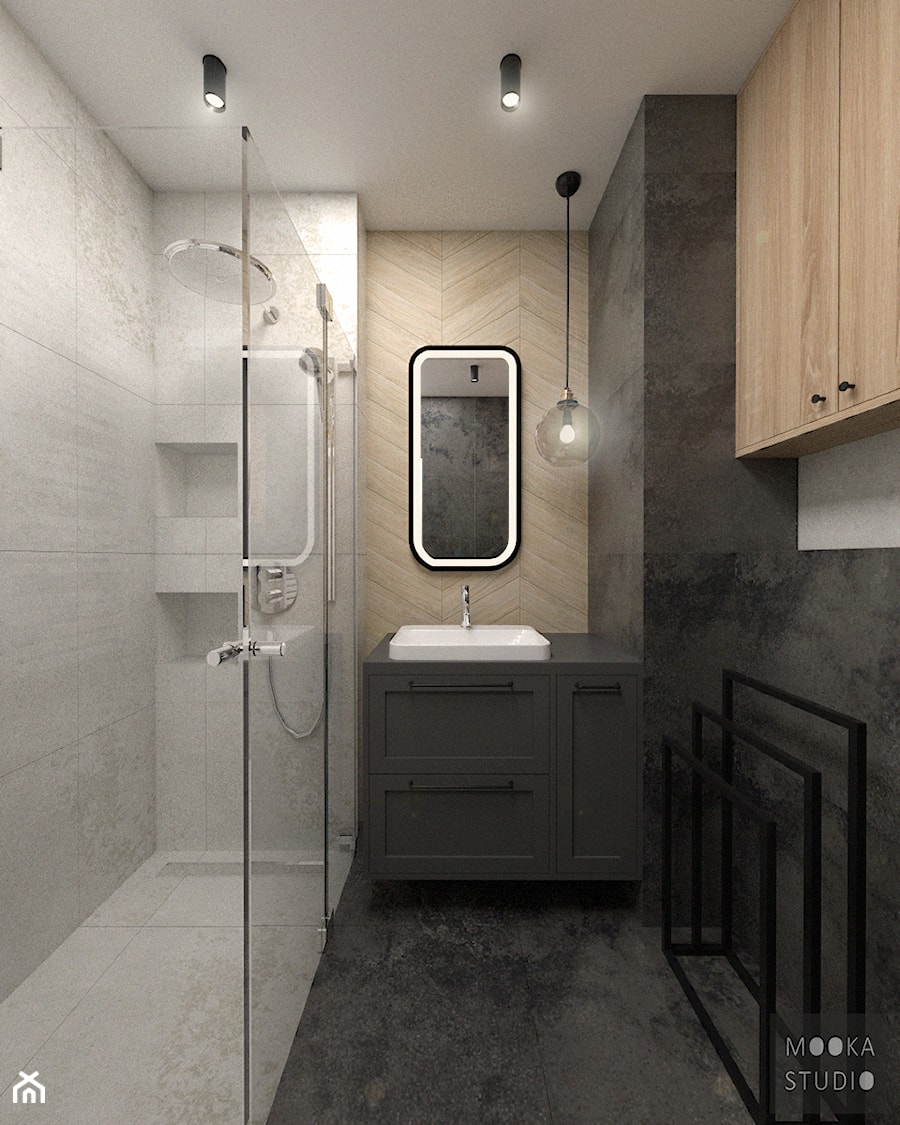 Mieszkanie na Woli - Mała bez okna z lustrem z punktowym oświetleniem łazienka, styl skandynawski - zdjęcie od MOOKA Studio