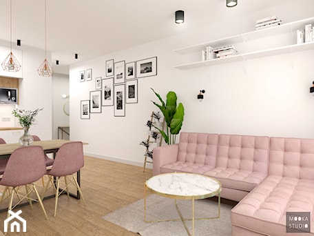 Aranżacje wnętrz - Salon: Skandynawia z nutą rose gold - Średni biały salon z kuchnią z jadalnią, styl skandynawski - MOOKA Studio. Przeglądaj, dodawaj i zapisuj najlepsze zdjęcia, pomysły i inspiracje designerskie. W bazie mamy już prawie milion fotografii!