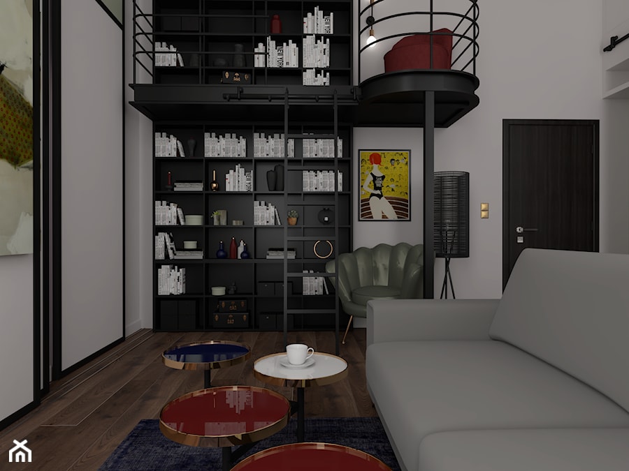 Mieszkanie w Warszawie - Średni biały czarny salon z bibiloteczką, styl nowoczesny - zdjęcie od MOOKA Studio