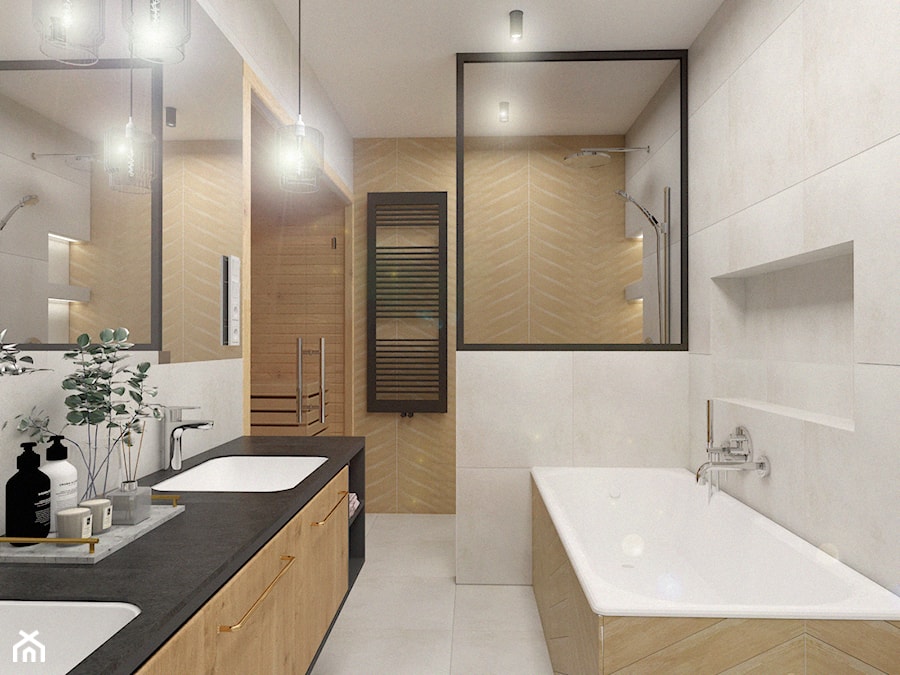 Białołęka - Średnia bez okna z lustrem z dwoma umywalkami z punktowym oświetleniem łazienka, styl industrialny - zdjęcie od MOOKA Studio