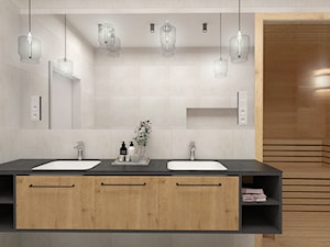 Białołęka - Średnia bez okna z lustrem z dwoma umywalkami z punktowym oświetleniem łazienka, styl skandynawski - zdjęcie od MOOKA Studio