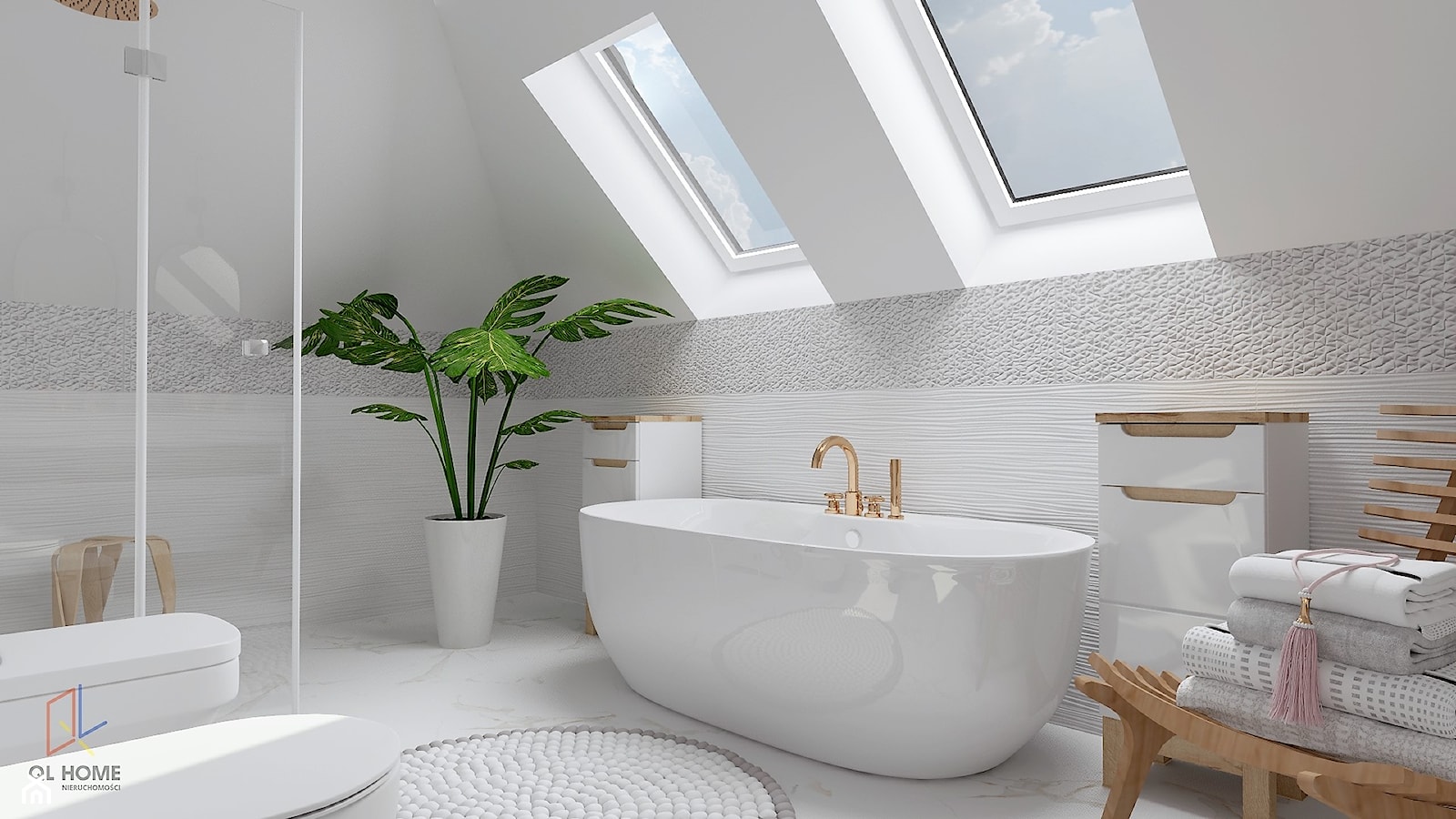 łazienka w bieli z elementami drewna - zdjęcie od QL Home - Homebook