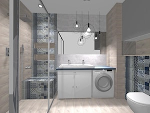 Średnia bez okna z pralką / suszarką z lustrem z dwoma umywalkami z punktowym oświetleniem łazienka - zdjęcie od QL Home