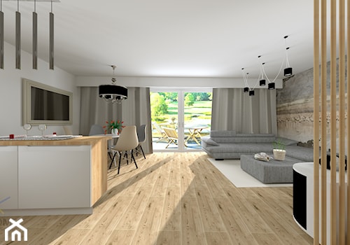 Salon z kuchnią w domu jednorodzinnym - Duży biały salon z kuchnią z jadalnią z tarasem / balkonem - zdjęcie od QL Home