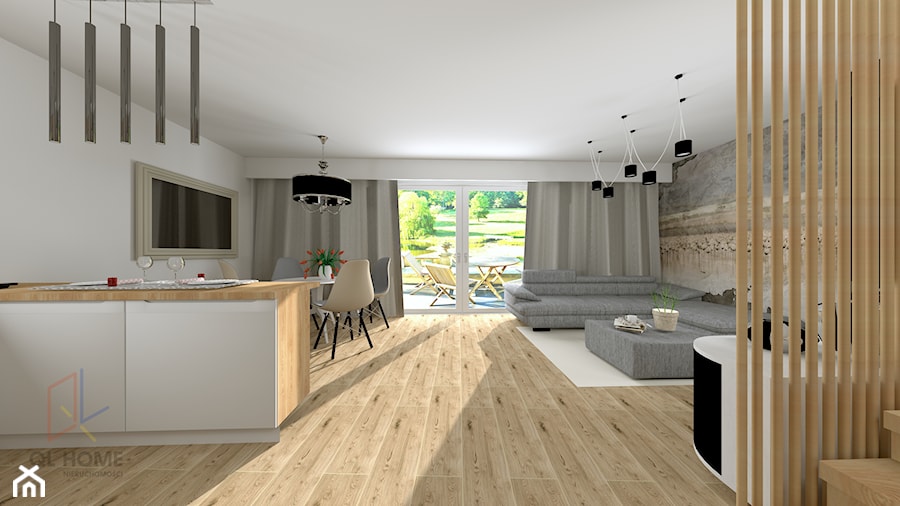 Salon z kuchnią w domu jednorodzinnym - Duży biały salon z kuchnią z jadalnią z tarasem / balkonem - zdjęcie od QL Home