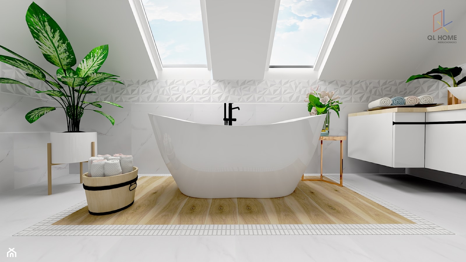 łazienka w bieli z elementami drewna - zdjęcie od QL Home - Homebook