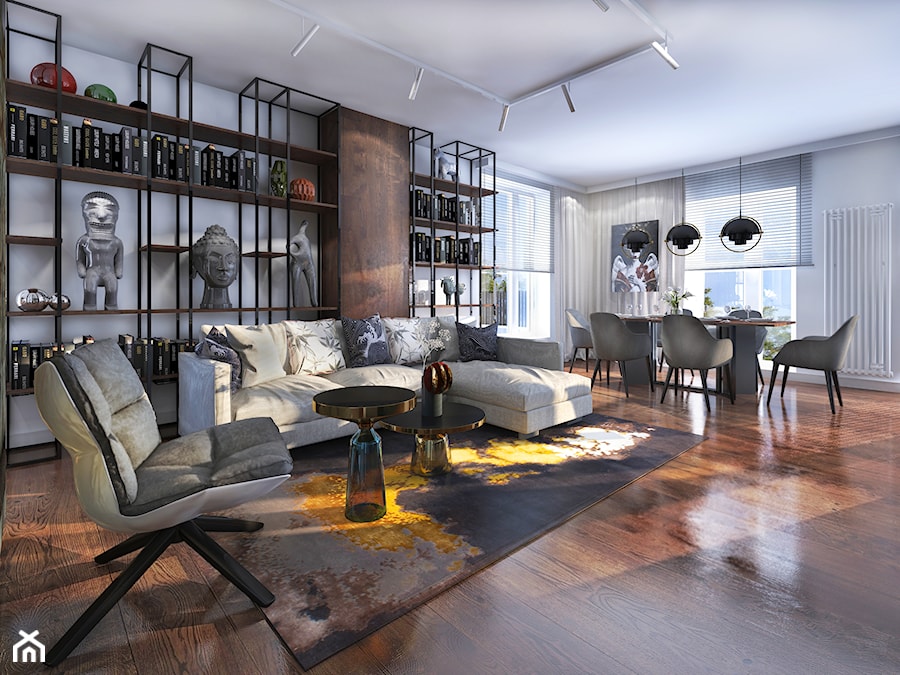 Apartment Warszawa - Duży biały salon z jadalnią z bibiloteczką, styl nowoczesny - zdjęcie od radecki.design