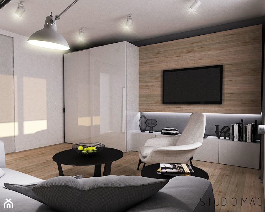 PROJEKT MIESZKANIA 55 m2 - Średni biały szary salon, styl minimalistyczny - zdjęcie od STUDIO MAC