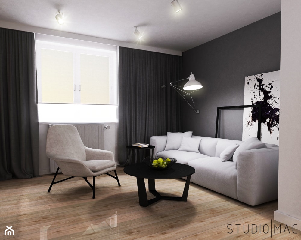PROJEKT MIESZKANIA 55 m2 - Średni biały czarny salon, styl minimalistyczny - zdjęcie od STUDIO MAC - Homebook