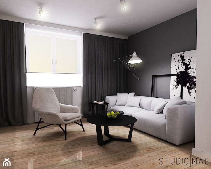 PROJEKT MIESZKANIA 55 m2 - Średni biały czarny salon, styl minimalistyczny - zdjęcie od STUDIO MAC
