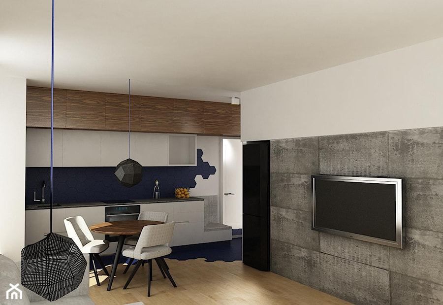 Concrete Space - Średnia otwarta z salonem z kamiennym blatem niebieska szara z zabudowaną lodówką z podblatowym zlewozmywakiem kuchnia jednorzędowa z wyspą lub półwyspem z oknem - zdjęcie od URBAN DESIGN WARSAW