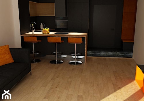 Orange Juice - Średnia otwarta z salonem z kamiennym blatem czarna szara z zabudowaną lodówką z lodówką wolnostojącą z podblatowym zlewozmywakiem kuchnia dwurzędowa - zdjęcie od URBAN DESIGN WARSAW