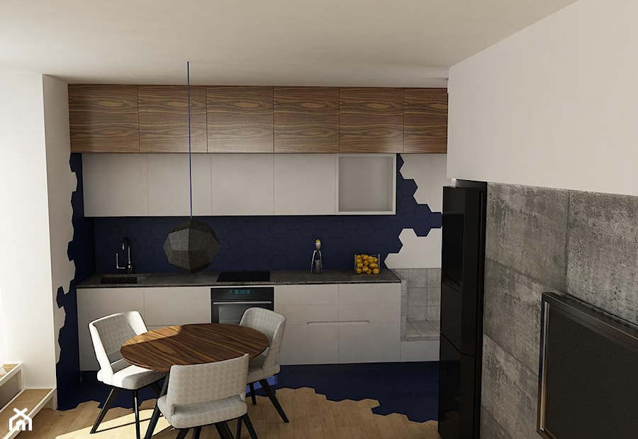Concrete Space - Średnia otwarta z salonem z kamiennym blatem czarna szara z zabudowaną lodówką z podblatowym zlewozmywakiem kuchnia jednorzędowa z oknem - zdjęcie od URBAN DESIGN WARSAW