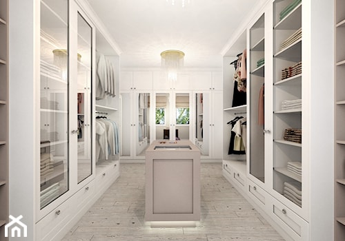 Duża garderoba oddzielne pomieszczenie z oknem, styl glamour - zdjęcie od kameleonczestochowa