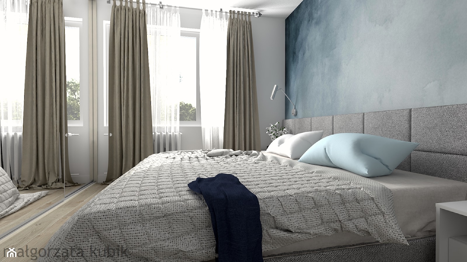 Mieszkanie w Zamościu - Mała niebieska szara sypialnia, styl nowoczesny - zdjęcie od Malgorzata Kubik - Homebook