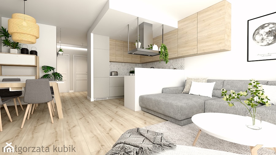 Koninko - mieszkanie - Duży biały szary salon z kuchnią z jadalnią, styl skandynawski - zdjęcie od Malgorzata Kubik