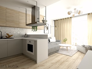 Koninko - mieszkanie - Mała otwarta z salonem z kamiennym blatem szara z zabudowaną lodówką z nablatowym zlewozmywakiem kuchnia w kształcie litery u z oknem, styl skandynawski - zdjęcie od Malgorzata Kubik