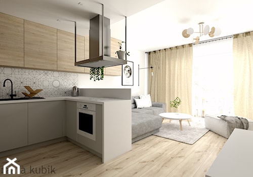 Koninko - mieszkanie - Mała otwarta z salonem z kamiennym blatem szara z zabudowaną lodówką z nablatowym zlewozmywakiem kuchnia w kształcie litery u z oknem, styl skandynawski - zdjęcie od Malgorzata Kubik