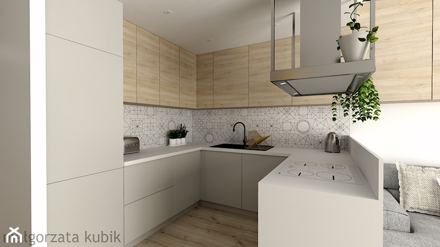 Koninko - mieszkanie - Średnia otwarta z salonem biała z zabudowaną lodówką z nablatowym zlewozmywakiem kuchnia w kształcie litery u, styl skandynawski - zdjęcie od Malgorzata Kubik